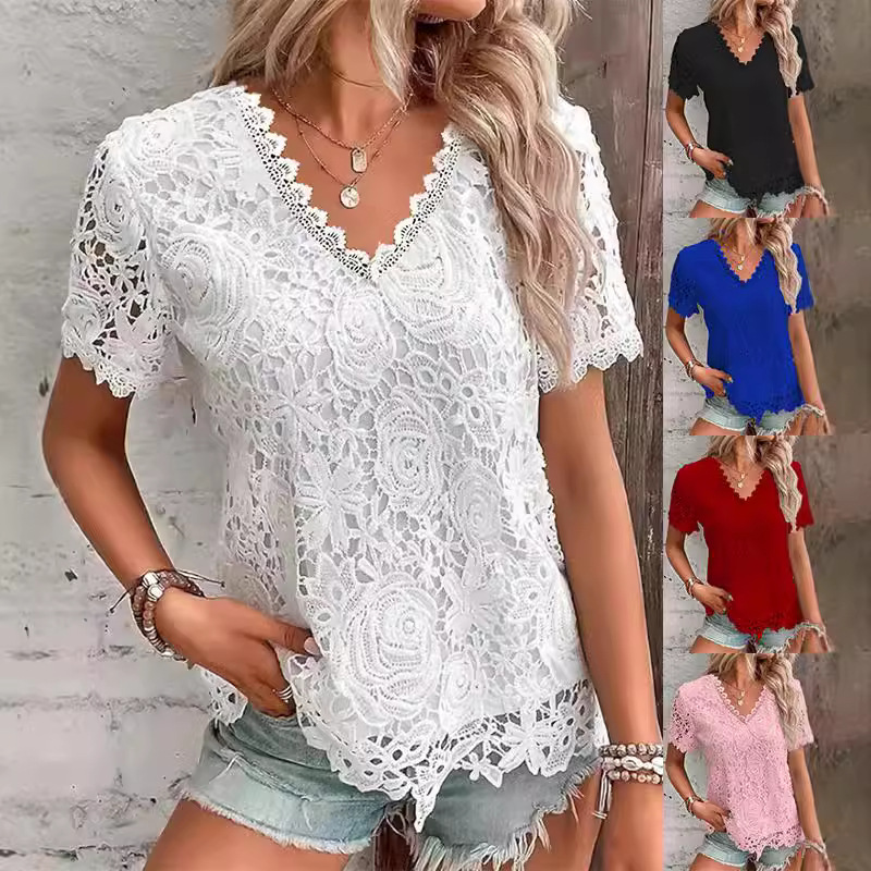 Layered Necklace Set - Summer Women's Shirt White Short Sleeve