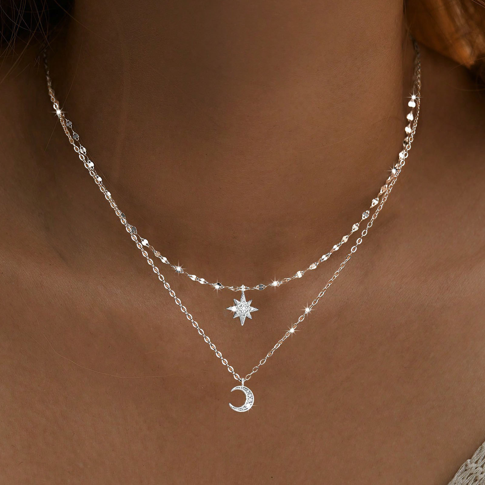 925 sterling silver moon Doubl - Layered Necklace Set review and price