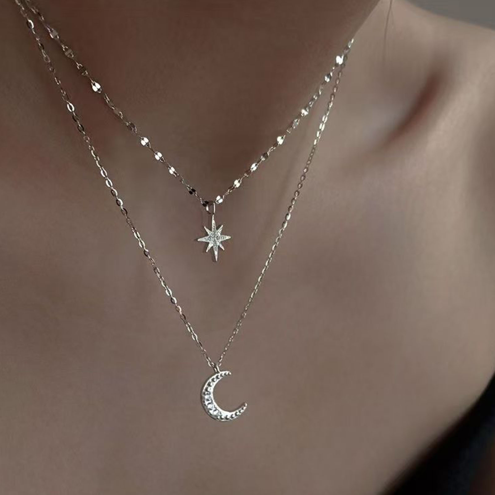 925 sterling silver moon Doubl - Layered Necklace Set review and price