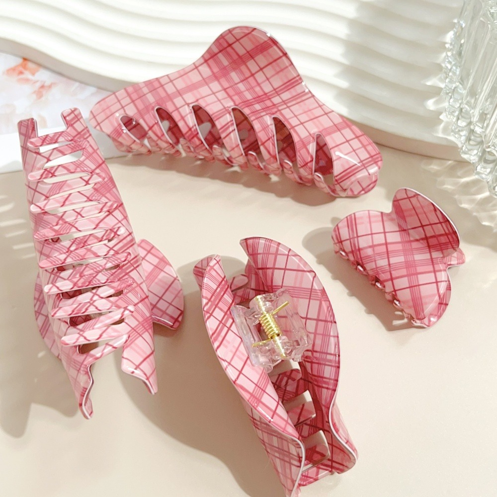 Pink Blue Grid Hair Claw Clips - Women Accessories Online review and price